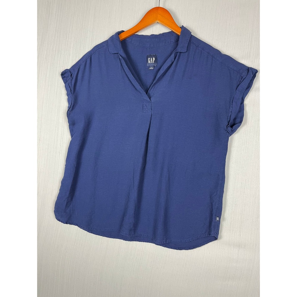 Gap V-Neck Blouse Womens L Blue Short Sleeve Rolled Cuff Rayon Lyocell Blend